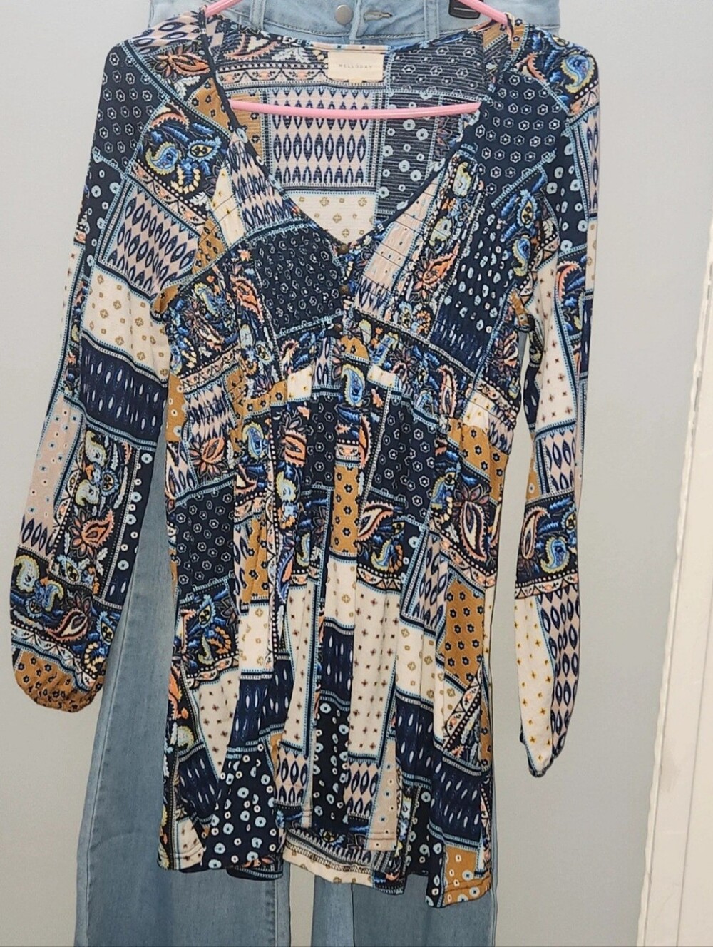 MELLØDAY Printed V-Neck Babydoll Dress Navy, Light Blue & Cream